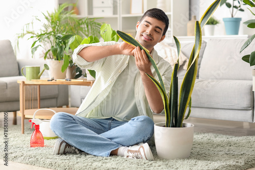 Young man wiping plant's le...