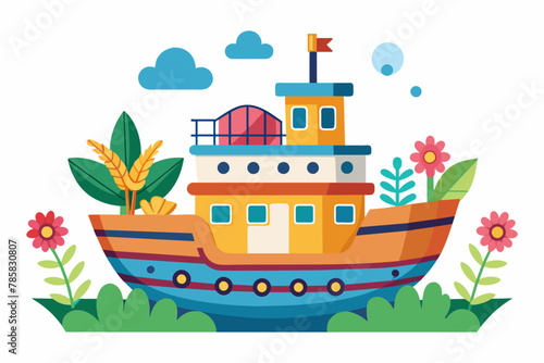 Ship cartoon charming with flowers on a white background.