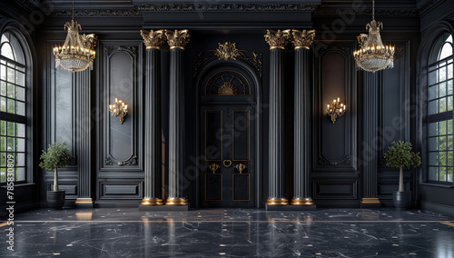 Dark grey marble walls with golden trim, tall columns on either sides of the door frame, black wooden doors and gold decorations above them. Created with Ai