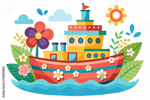 A charming ship cartoon carrying a bouquet of flowers on a white background.
