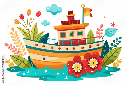 A charming cartoon ship adorned with vibrant flowers sails gracefully against a pristine white backdrop.