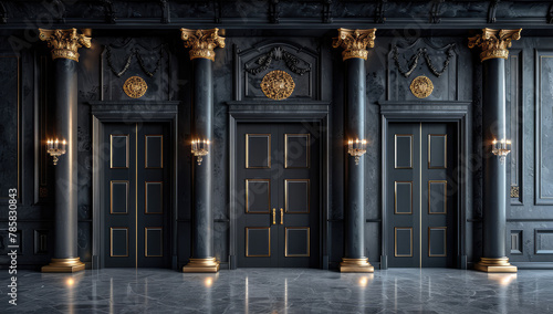 Dark grey marble wall with golden gilded accents, a tall door and columns with ornate sconces. Created with Ai photo