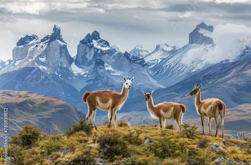 Guanacos at an angle, a family group standing on a grassy hillside in Patagonia with blue mountains and trees behind them