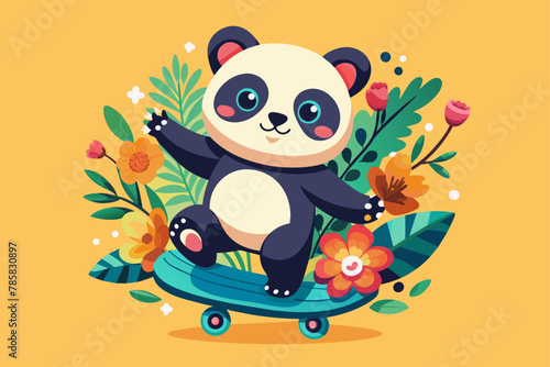 A charming cartoon panda rides a skateboard on a road adorned with flowers.