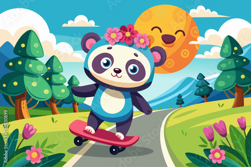 A charming cartoon panda on a skateboard adorned with flowers zooms down a road.