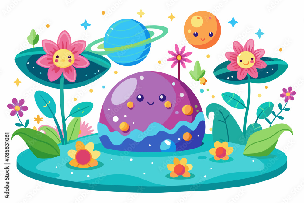 A charming space cartoon character is surrounded by vibrant flowers against a white background.
