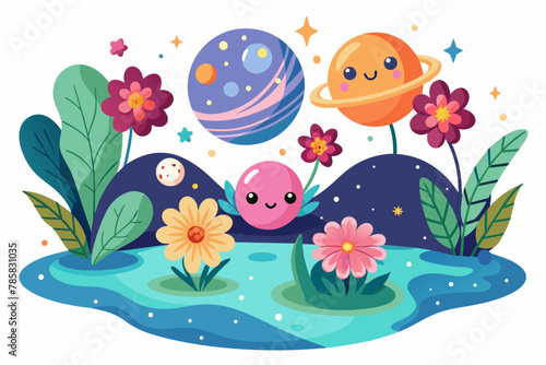 Space cartoon character adorns with flowers on a white background.