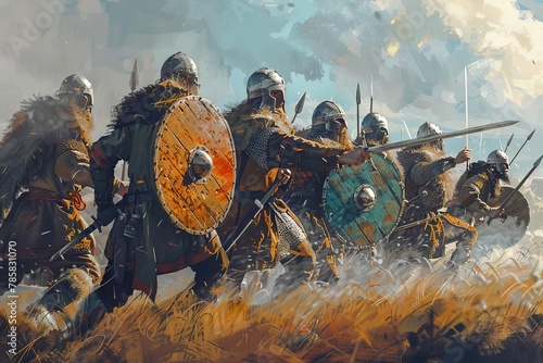 fierce viking warriors in battle wielding swords and shields digital painting photo