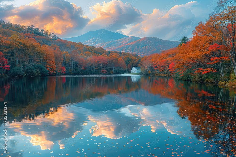 A serene lake surrounded by autumn foliage, reflecting the sky and mountains in stunning detail. Created with Ai