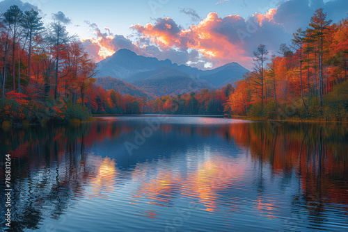 A serene lake reflecting the vibrant colors of autumn foliage  surrounded by towering mountains and lush forests. Created with Ai
