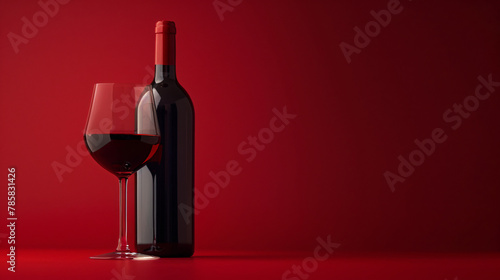 On a vivid red background a beautiful bottle of a wine