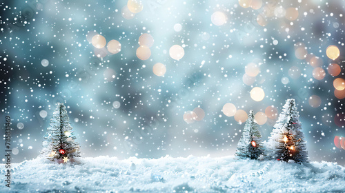 A winter Christmas background sets the stage with gently falling snow and a beautiful blurred bokeh effect, creating a magical and festive atmosphere. © YOGI C