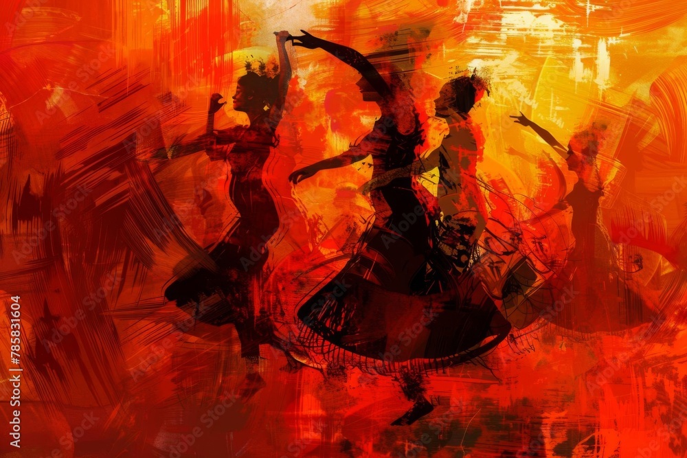 flamenco passion abstracted fiery spanish dancers in vivid expressive brushstrokes digital painting - obrazy, fototapety, plakaty 