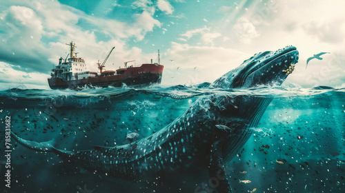 Whale and ship wreck in ocean. Underwater world.  photo