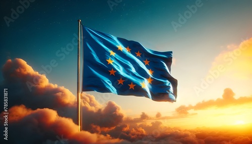 Europe day celebration background with european union flag waving in the sky.