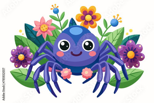 Spider animal cartoon with charming flower ornaments.