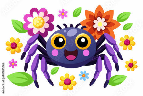 Spider animal cartoon with charming flower ornaments.