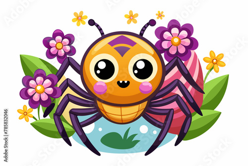 A charming spider cartoon animal adorned with colorful flowers.