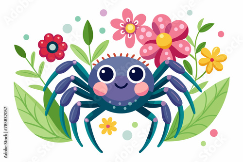 Charming cartoon spider adorns itself with colorful flowers.