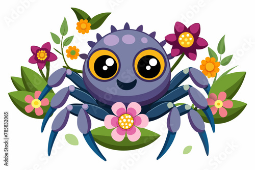 Spider animal cartoon with charming flower ornaments.