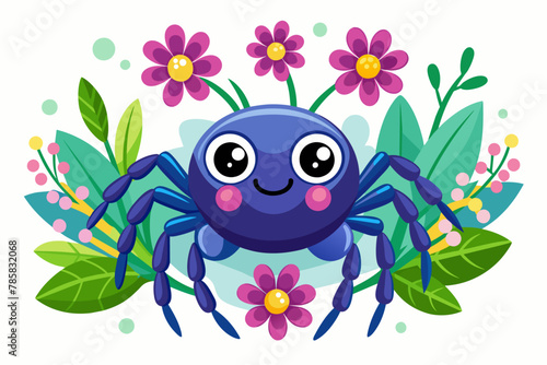 A charming spider cartoon animal adorned with beautiful flowers.