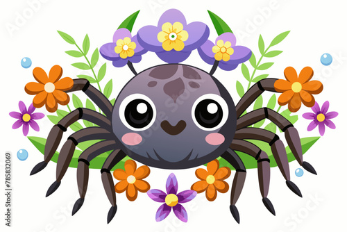 Charming spider cartoon adorned with vibrant flowers.