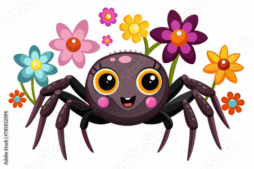 A charming spider cartoon character adorned with colorful flowers.