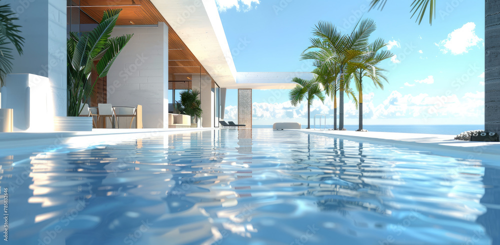 3D rendering of a modern house with a pool and outdoor dining area, set against the backdrop of a sandy beach on an island, featuring a blue sky.  - obrazy, fototapety, plakaty 