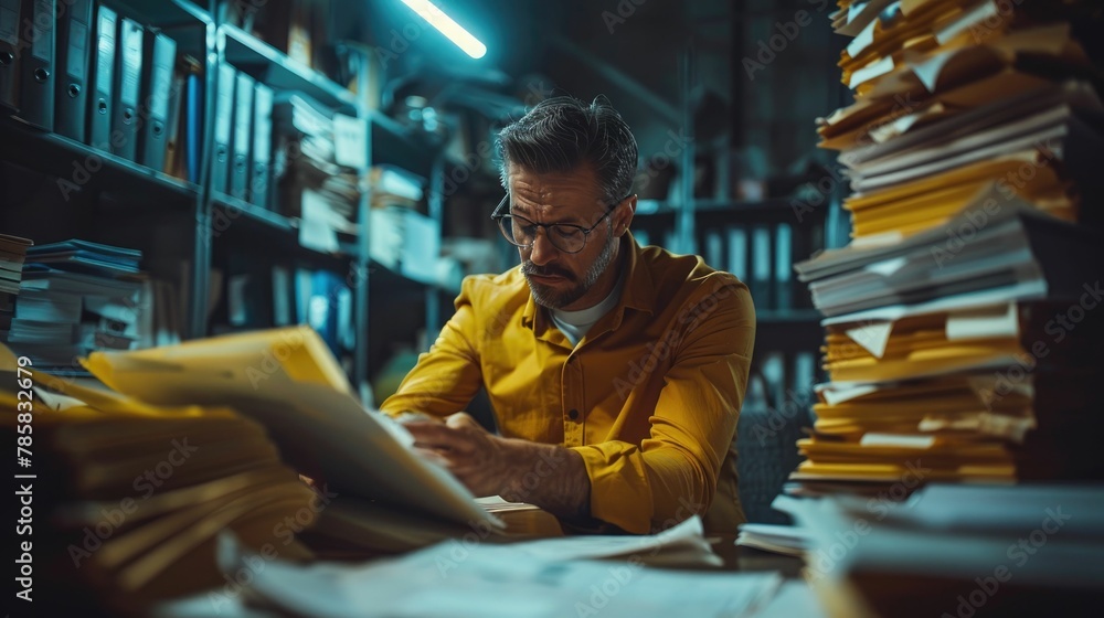 Desperate search through files in a dark office, Desperate search through files in a dark office,