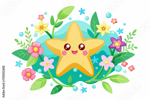 Charming cartoon starfish adorned with vibrant flowers.