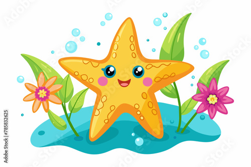 Charming starfish animal cartoon adorned with colorful flowers