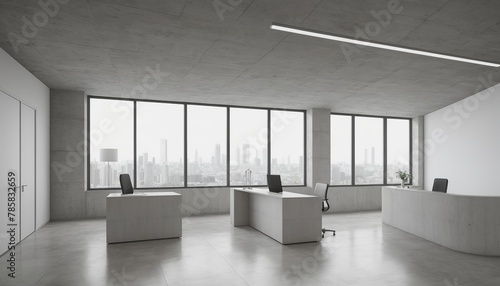 White Reception Desk and Concrete Walls in Modern Office Lobby