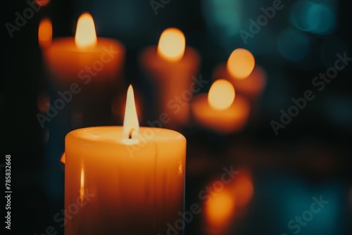 Candles Burning in the Dark with focus on single candle in foreground