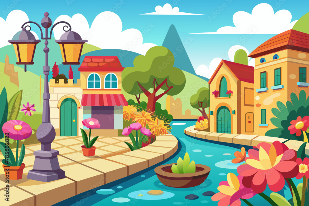 Charming street cartoon with flowers blooming in vibrant hues against a pristine white backdrop.