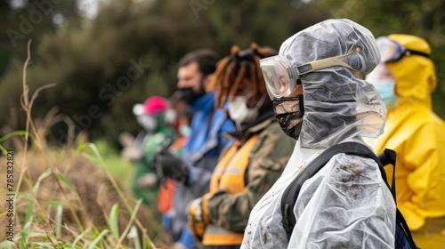 Outside in a field a group of trainees don protective gear as they prepare to learn about the physical harvesting of biomass materials. A trainer demonstrates how to safely and efficiently .