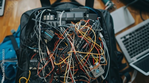 A topdown shot of a jumble of wires and cables spilling out of a reporters laptop bag highlighting the importance of technology and connectivity in the world of journalism. .