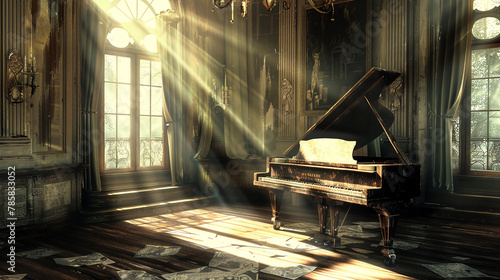 窓から光が差す室内のグランドピアノ