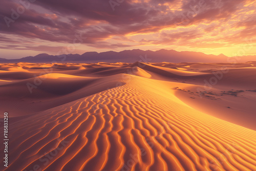 Majestic Sunrise Over Desert Sands  Golden Glow Landscape Scene