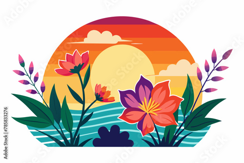 Sunset charming with flowers on a white background.