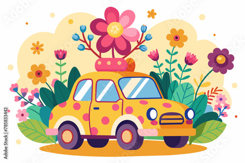 A cheerful yellow taxi adorned with vibrant flowers brings a touch of whimsy to the city streets.