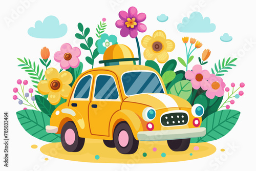 A cartoon taxi with a charming expression and flowers adorns a white background.
