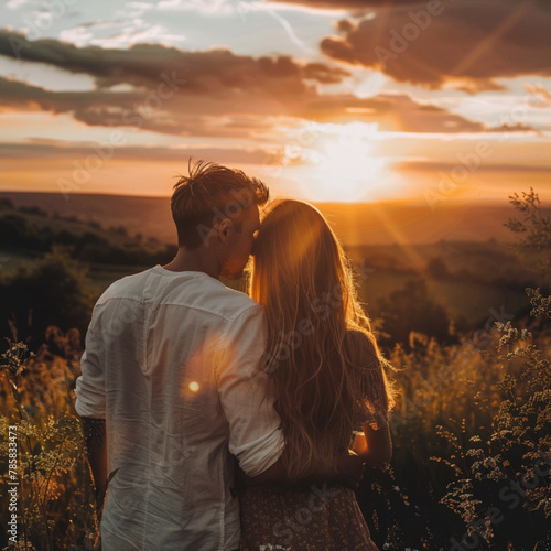 couple back turned to camer looking into the sunset  photo