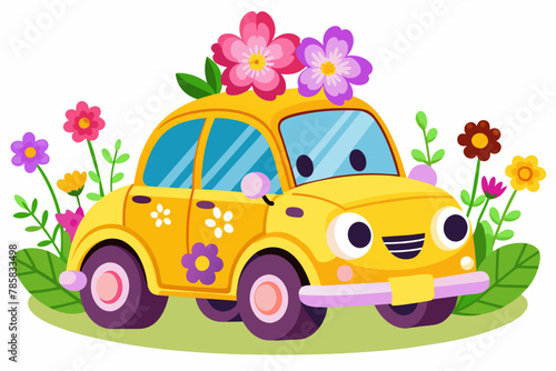 A charming taxi cartoon character adorns a white background with vibrant flowers.