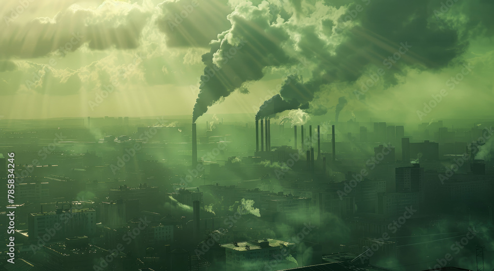 A wide shot of air pollution, with industrial chimneys emitting smoke and fog into the sky, creating an atmosphere filled with dirty yellowish green light. - obrazy, fototapety, plakaty 