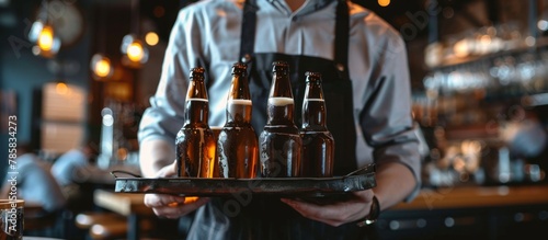 A close up of an individual holding a tray filled with multiple beer bottles of various brands and sizes