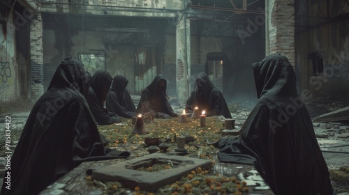 In a desolate abandoned warehouse a group of hooded figures gather around a table covered in strange artifacts and relics backs . . photo