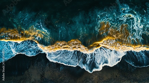 Aerial view, stones depicted as minimalist multicolor waves, deep contrast on a dark beach photo
