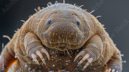 A closeup image of a single water bear with its chubby body covered in a layer of tiny hairs and its two clawlike appendages extended © Justlight