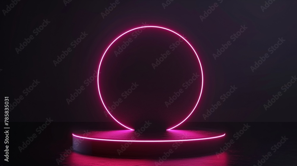 A sleek cylinder podium bathed in the glow of a circular neon lamp, set against a matte black background for dramatic effect A sleek cylinder podium bathed in the glow of a circular neon lamp, set against a matte black background for dramatic effect
