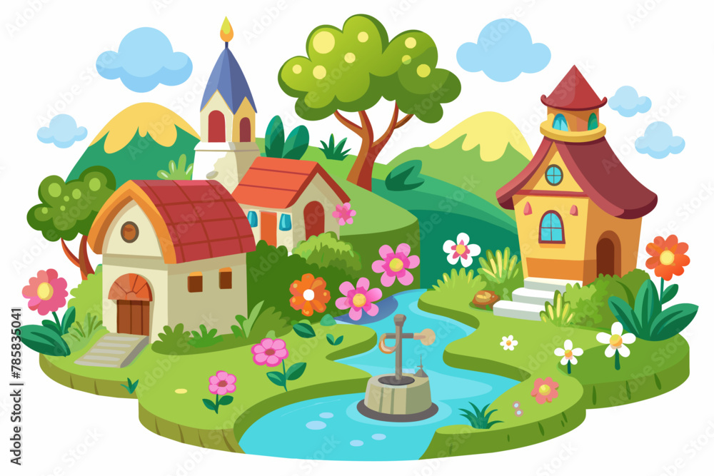 Charming cartoon villages adorned with vibrant flowers bloom against a pure white canvas.